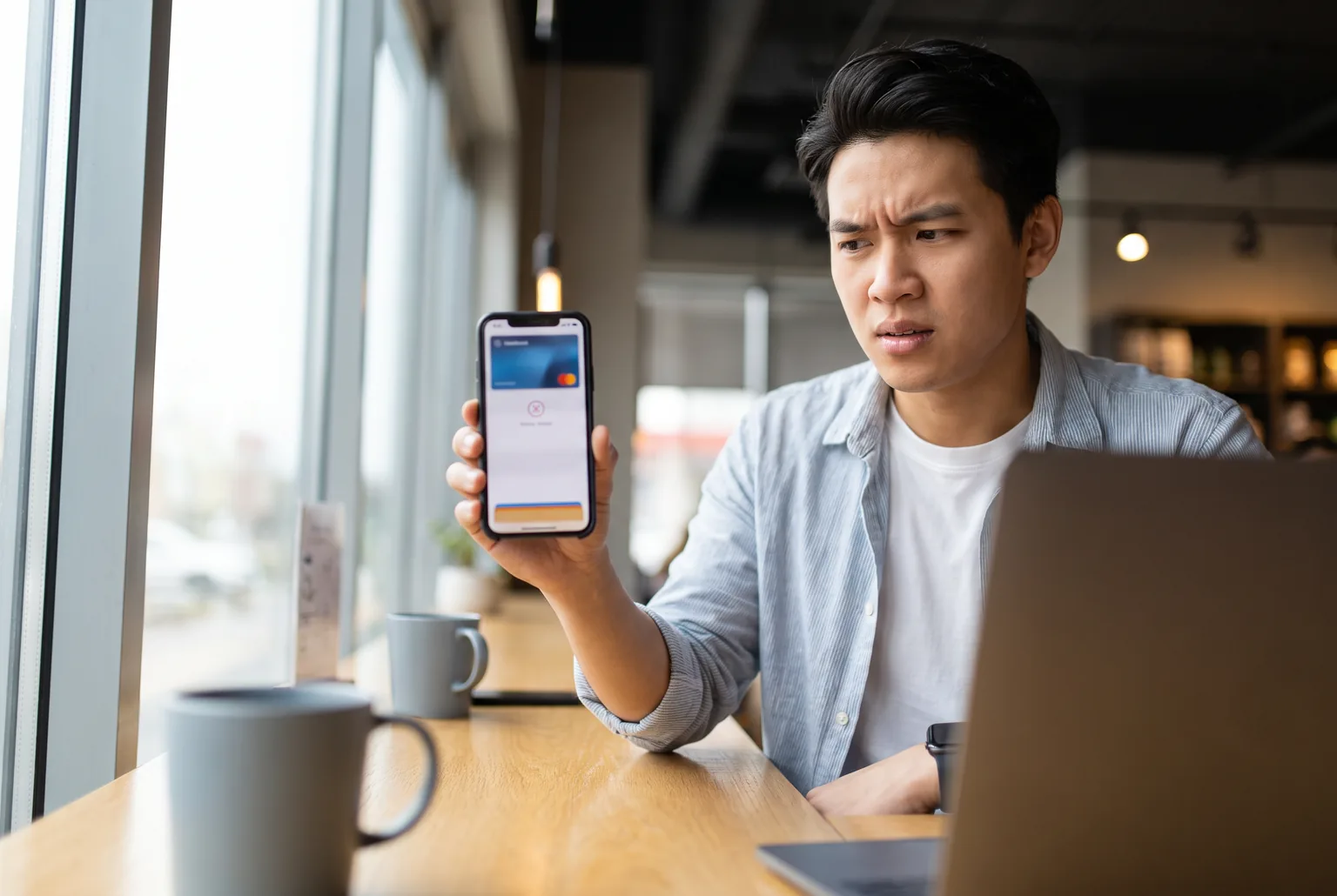 A person at a coffee shop table looking at their phone with a puzzled expression