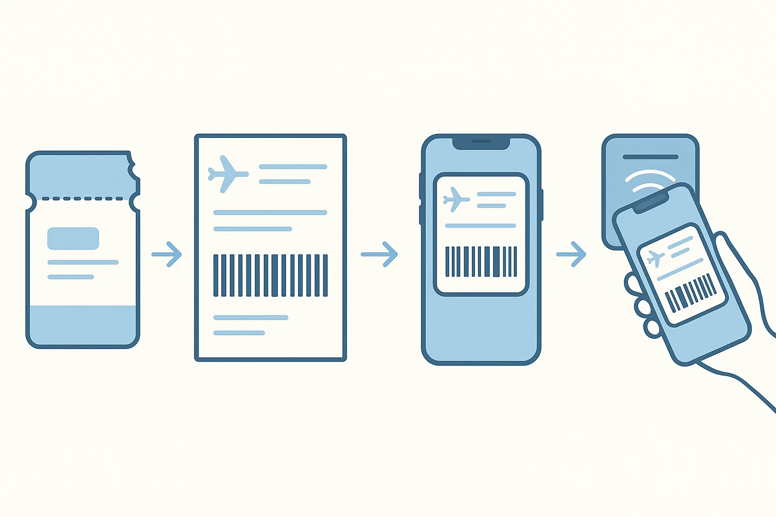 Timeline illustration showing boarding passes evolving from paper to printed barcodes to smartphone wallet passes to NFC tap-to-scan.