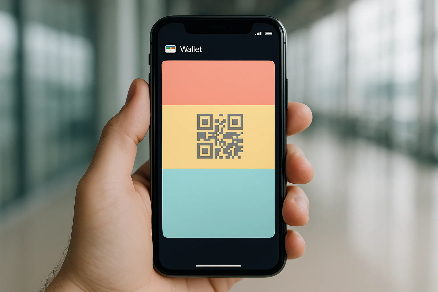 iPhone displaying an Apple Wallet boarding pass with highlighted design zones for header fields, strip image, and barcode area.