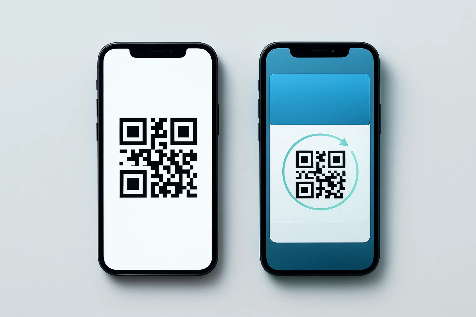 Two smartphones side by side comparing a static QR code pass with a dynamic rotating barcode pass in a digital wallet