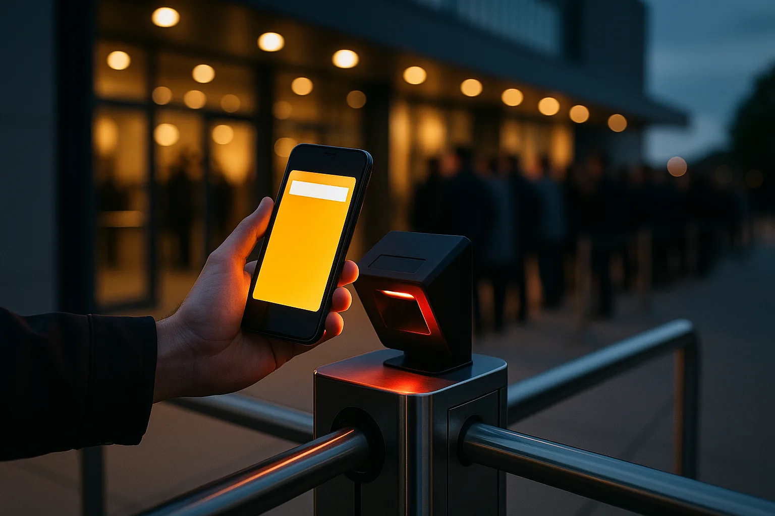 Person scanning a dynamic mobile wallet pass at a modern venue entrance turnstile with LED lighting