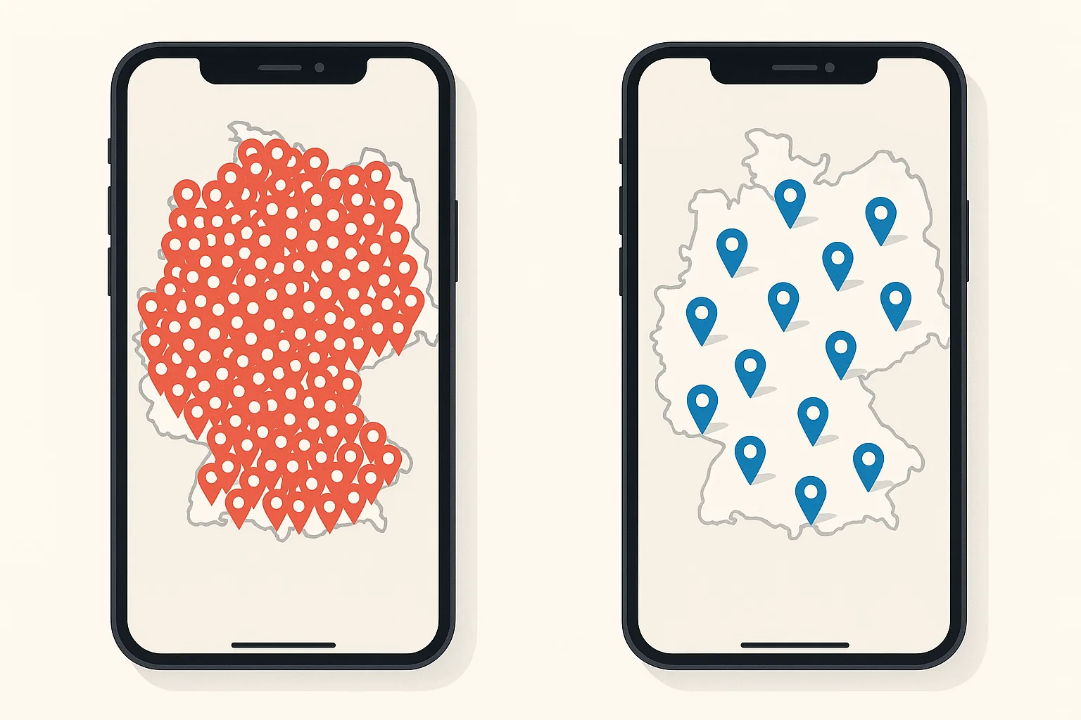 Comparison of a bloated pass with 400 clustered location pins versus a curated pass with 20 well-spaced location triggers