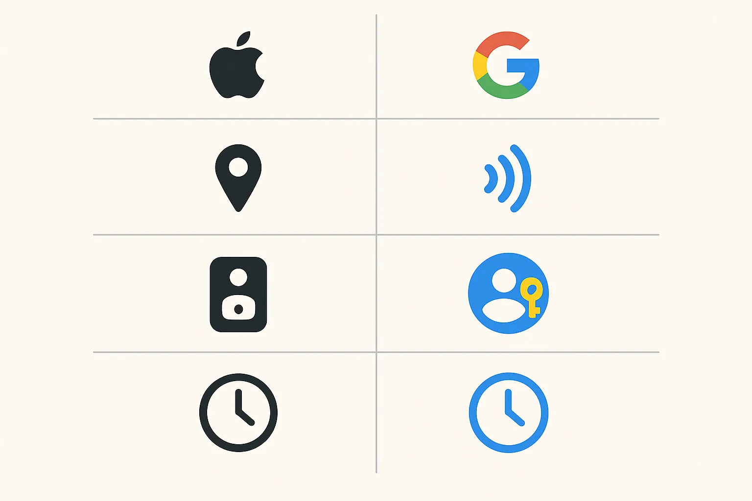Visual matrix comparing Apple Wallet and Google Wallet across location flexibility, NFC entitlement, account governance, and approval timeline