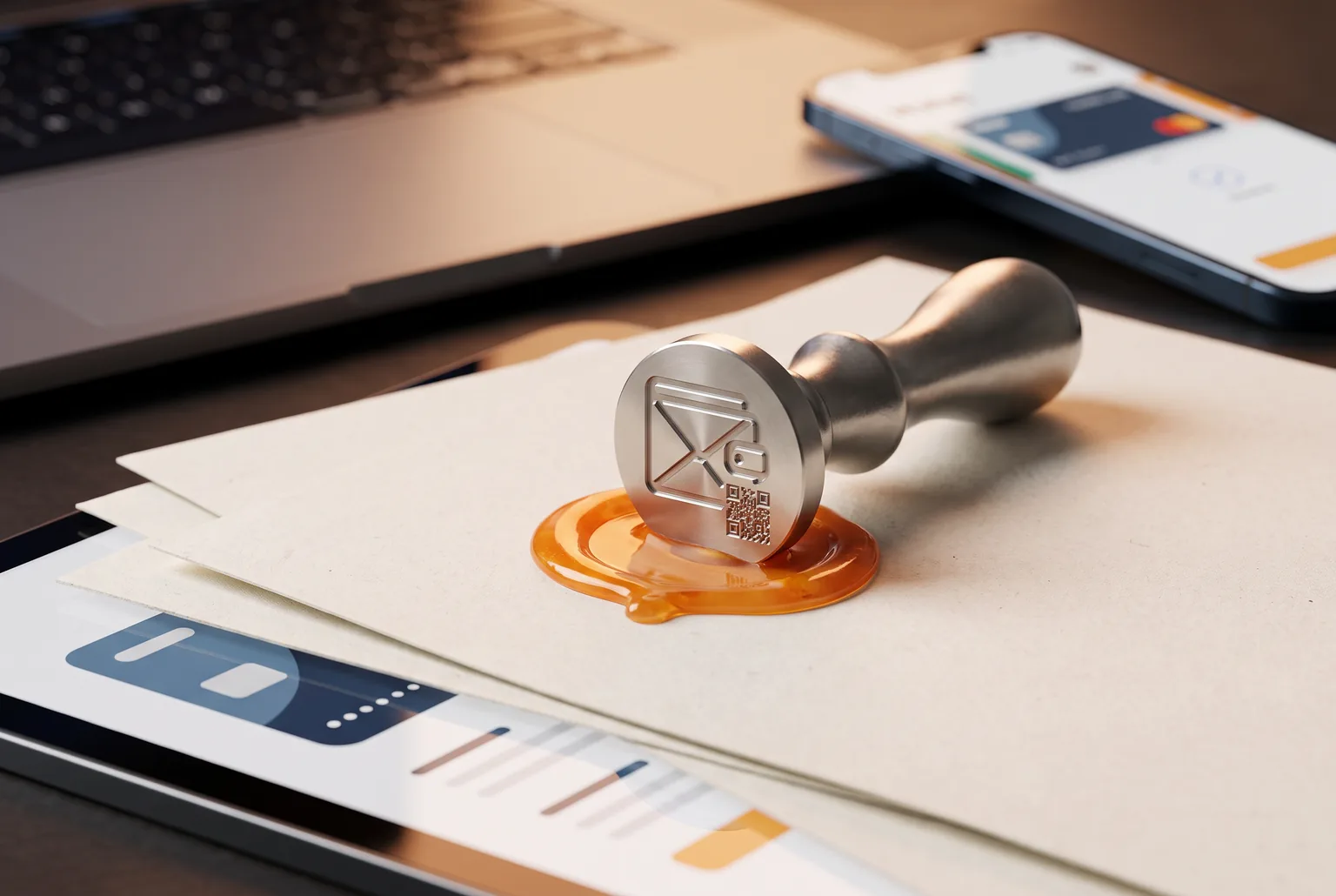 A wax letter seal stamping down onto a small stack of papers, mid-motion, warm desk lighting