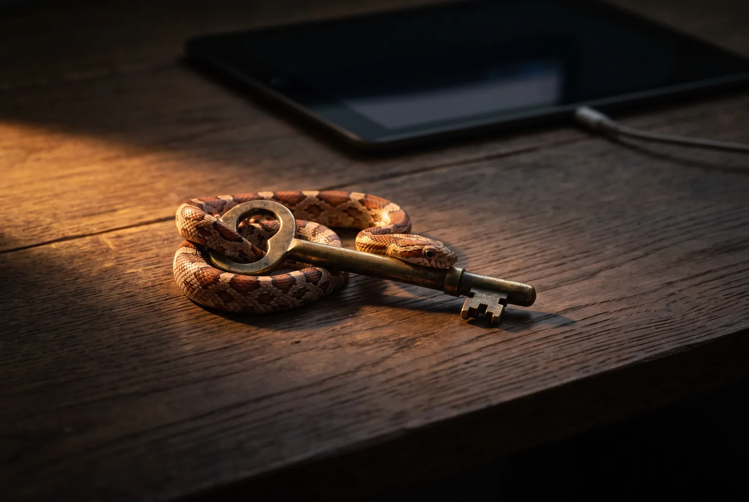A snake curled protectively around a small brass key resting on a dark wooden desk