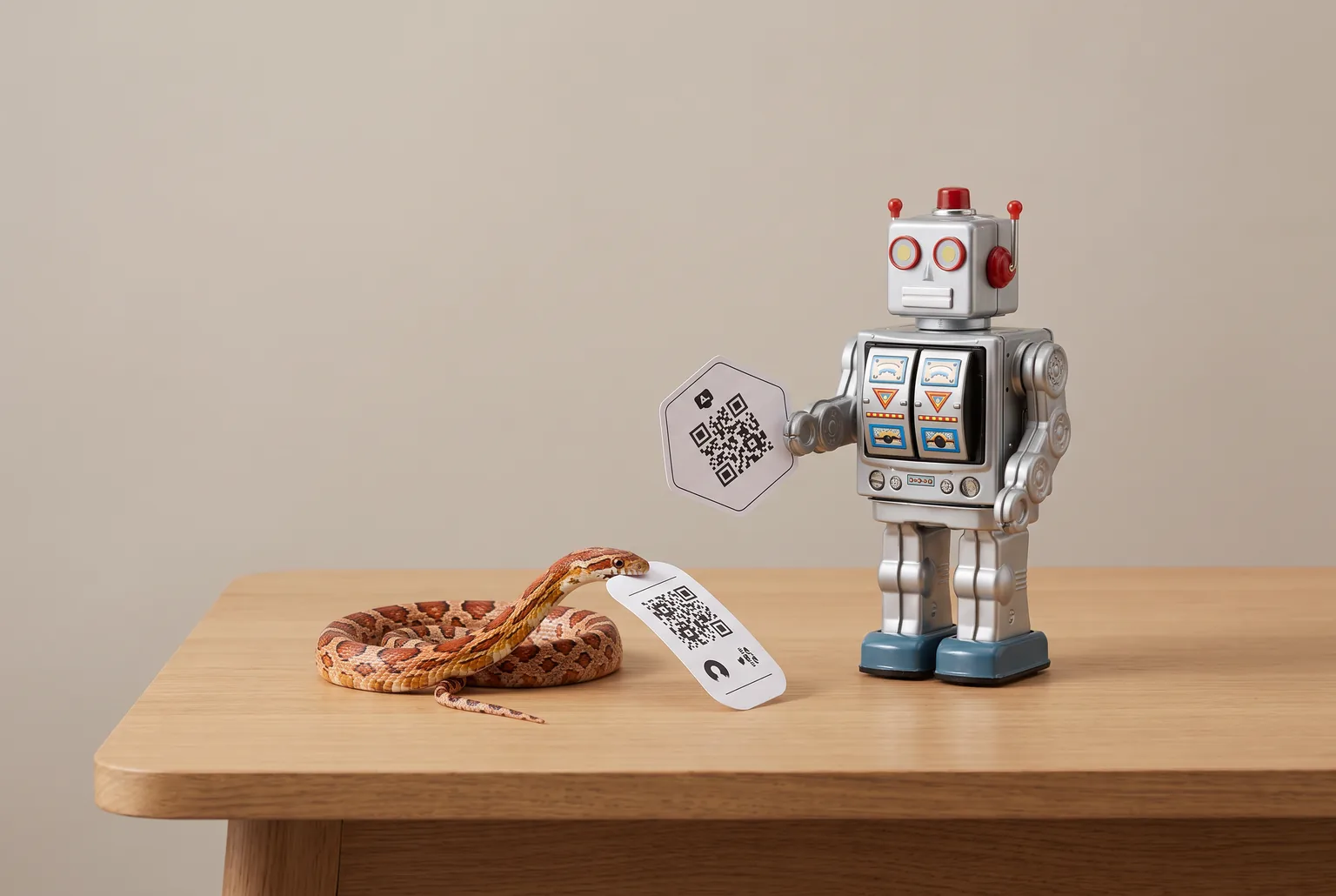 A snake and a small toy robot each holding a differently shaped paper ticket on a plain tabletop