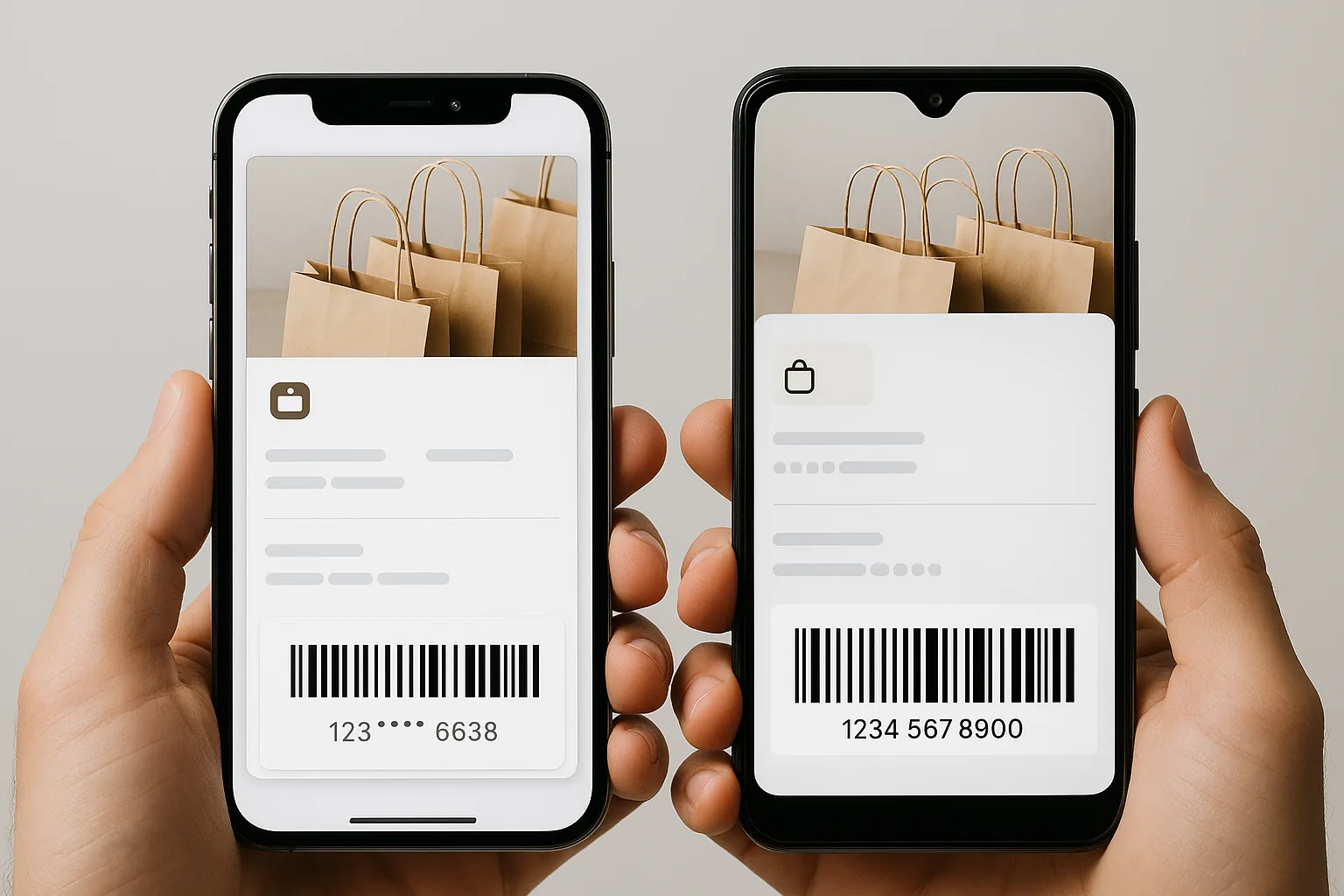 The same loyalty card rendered differently on an iPhone and an Android phone side by side