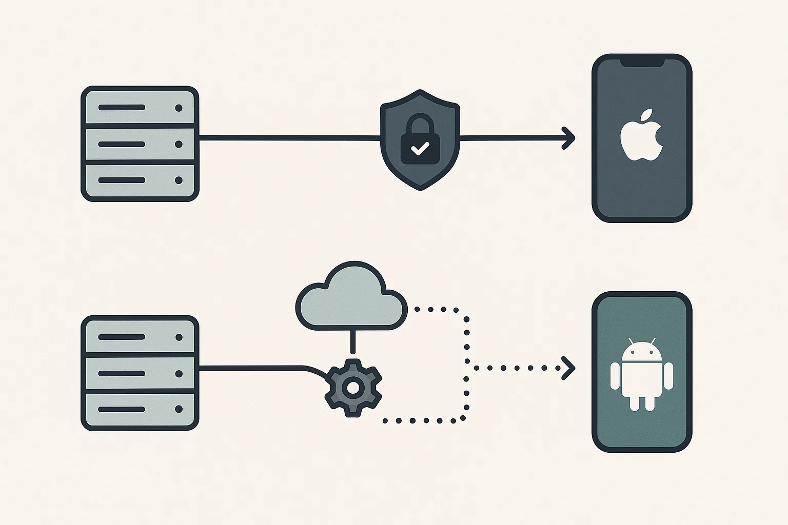 Diagram comparing the direct Apple push notification flow with the more variable Google Wallet notification flow