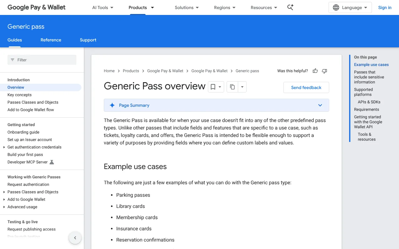 The Google Wallet developer documentation page titled Generic Pass overview