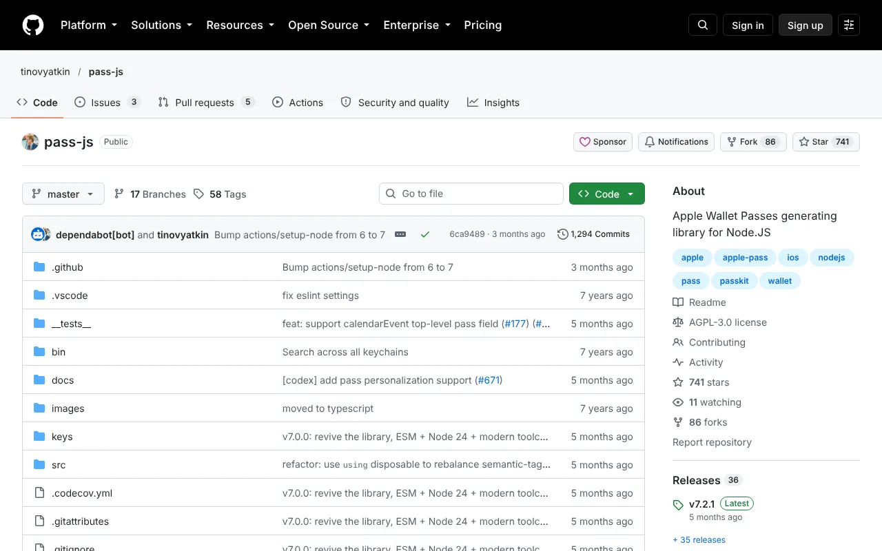The pass-js GitHub repository page, showing its AGPL-3.0 license label