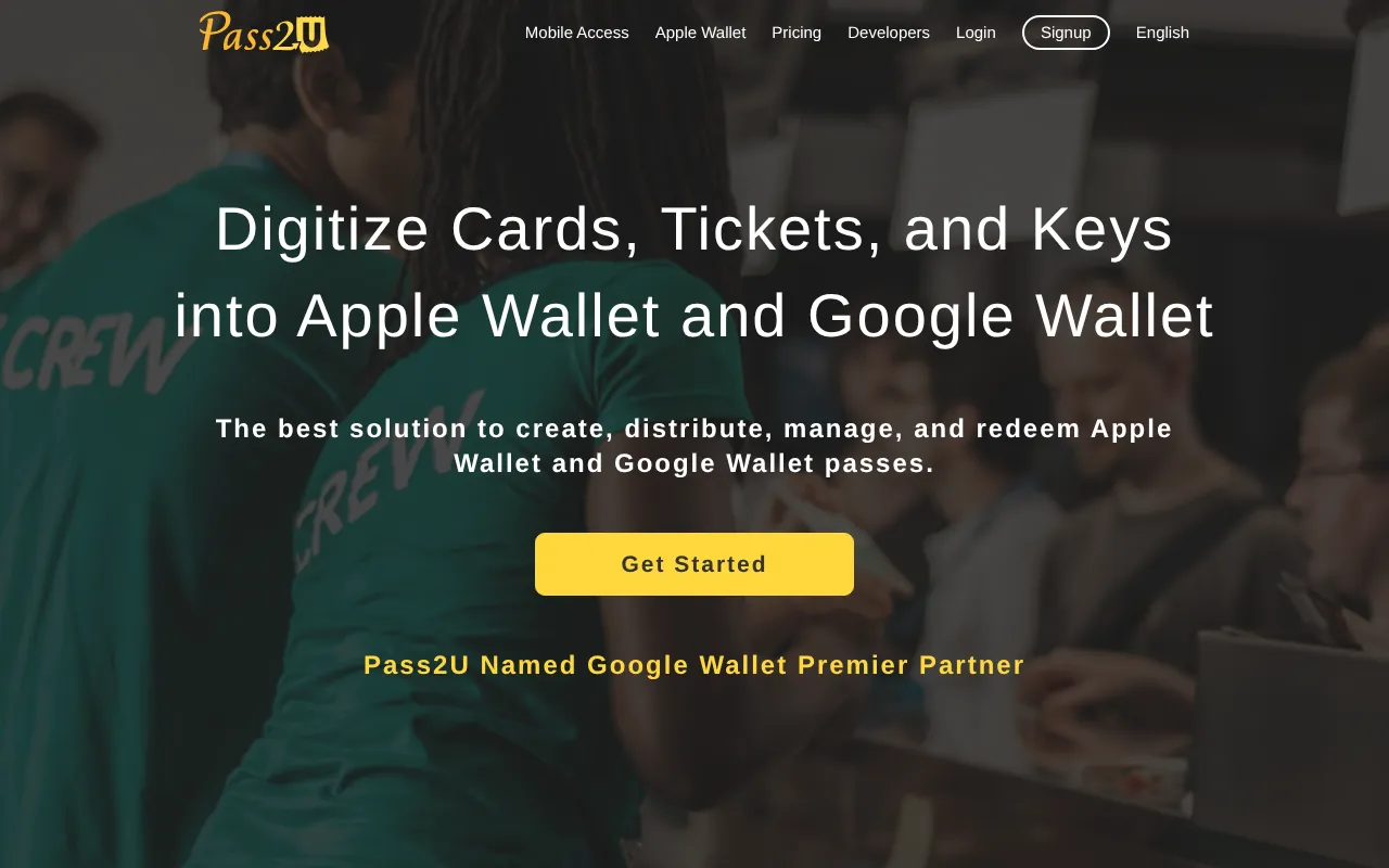 The Pass2U home page headline about digitizing cards, tickets and keys into Apple Wallet and Google Wallet