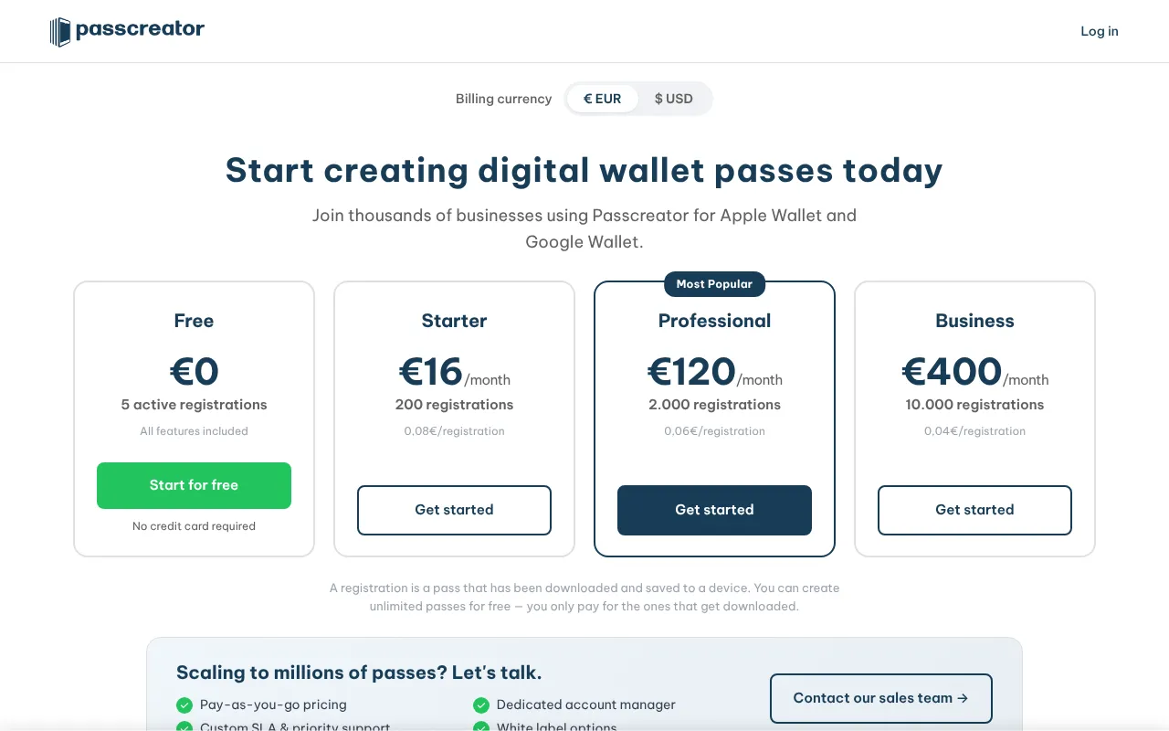 The Passcreator pricing page with Free, Starter, Professional and Business tiers