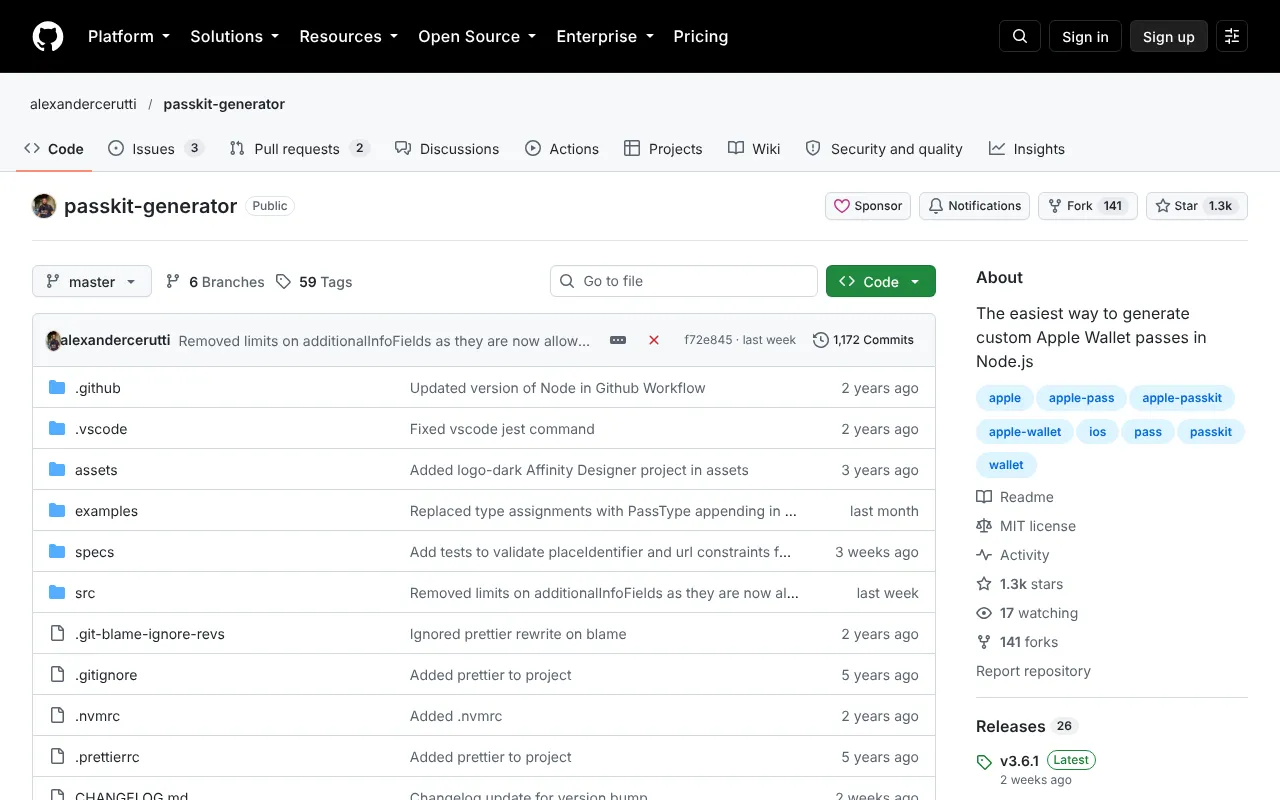 The passkit-generator GitHub repository page, showing its MIT license and Node.js description