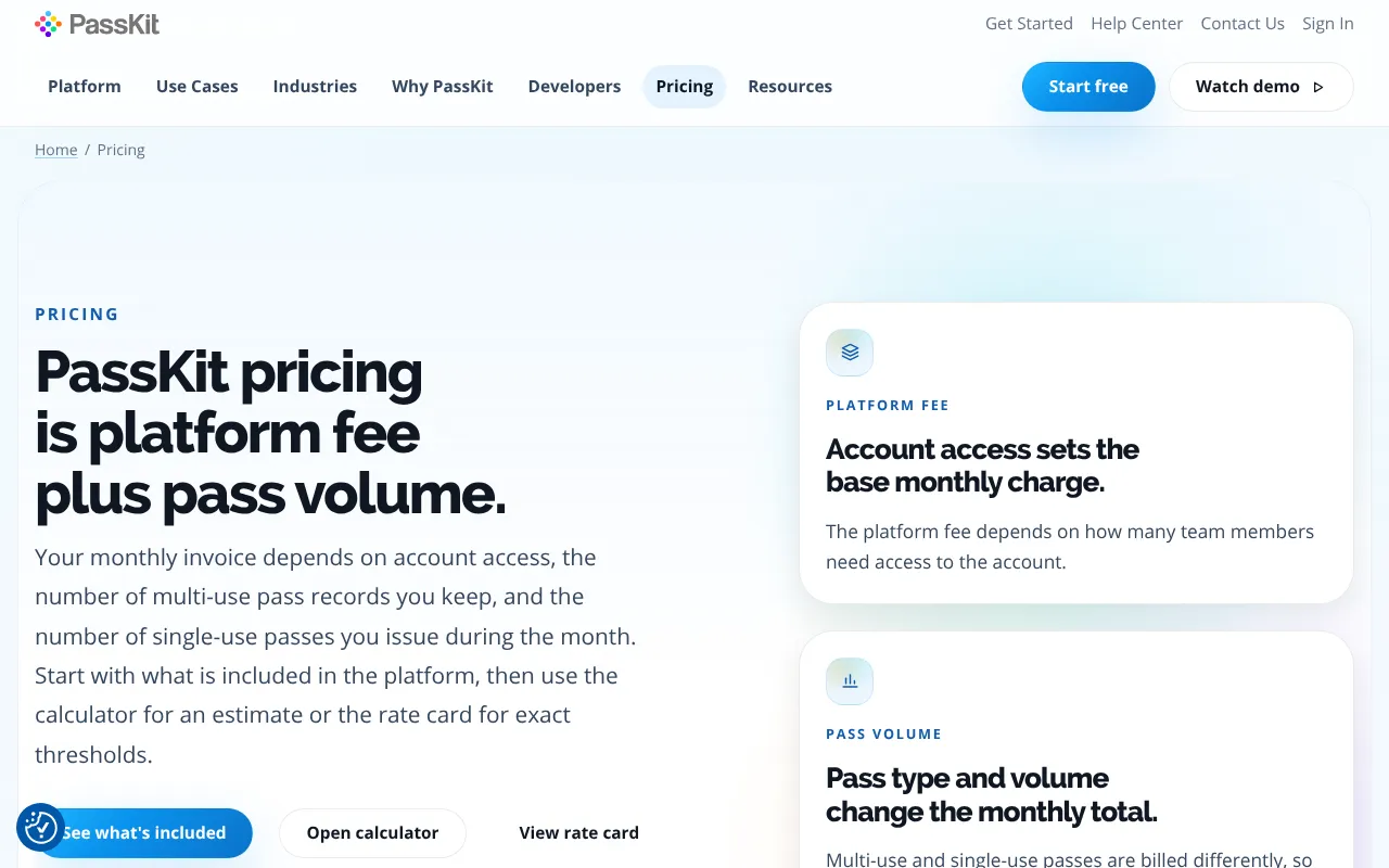 The PassKit pricing page headline reading platform fee plus pass volume