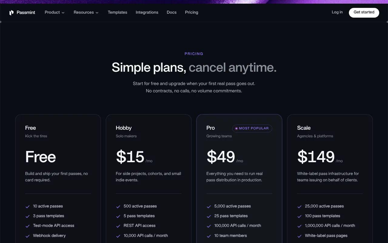 The Passmint pricing page with Free, Hobby, Pro and Scale plans