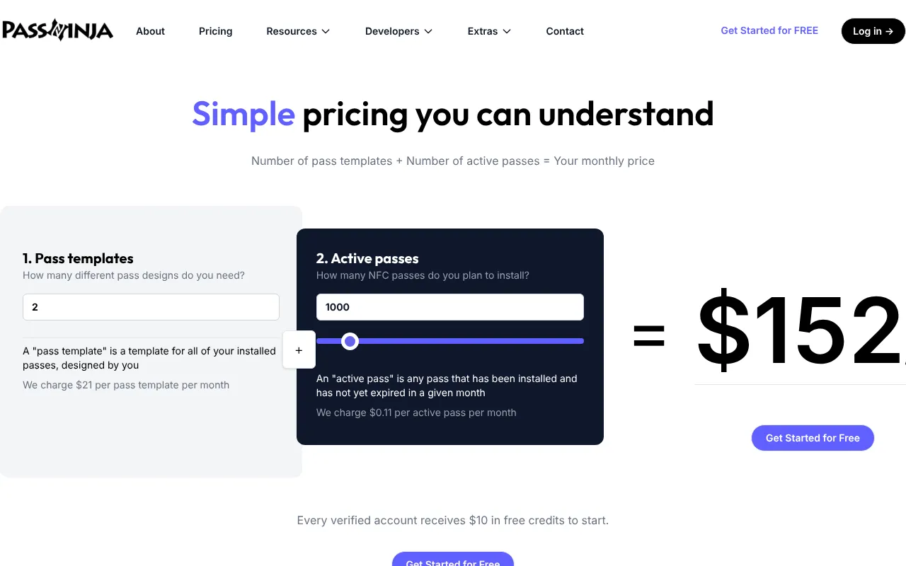 The PassNinja pricing calculator with two templates and 1,000 active passes totaling $152