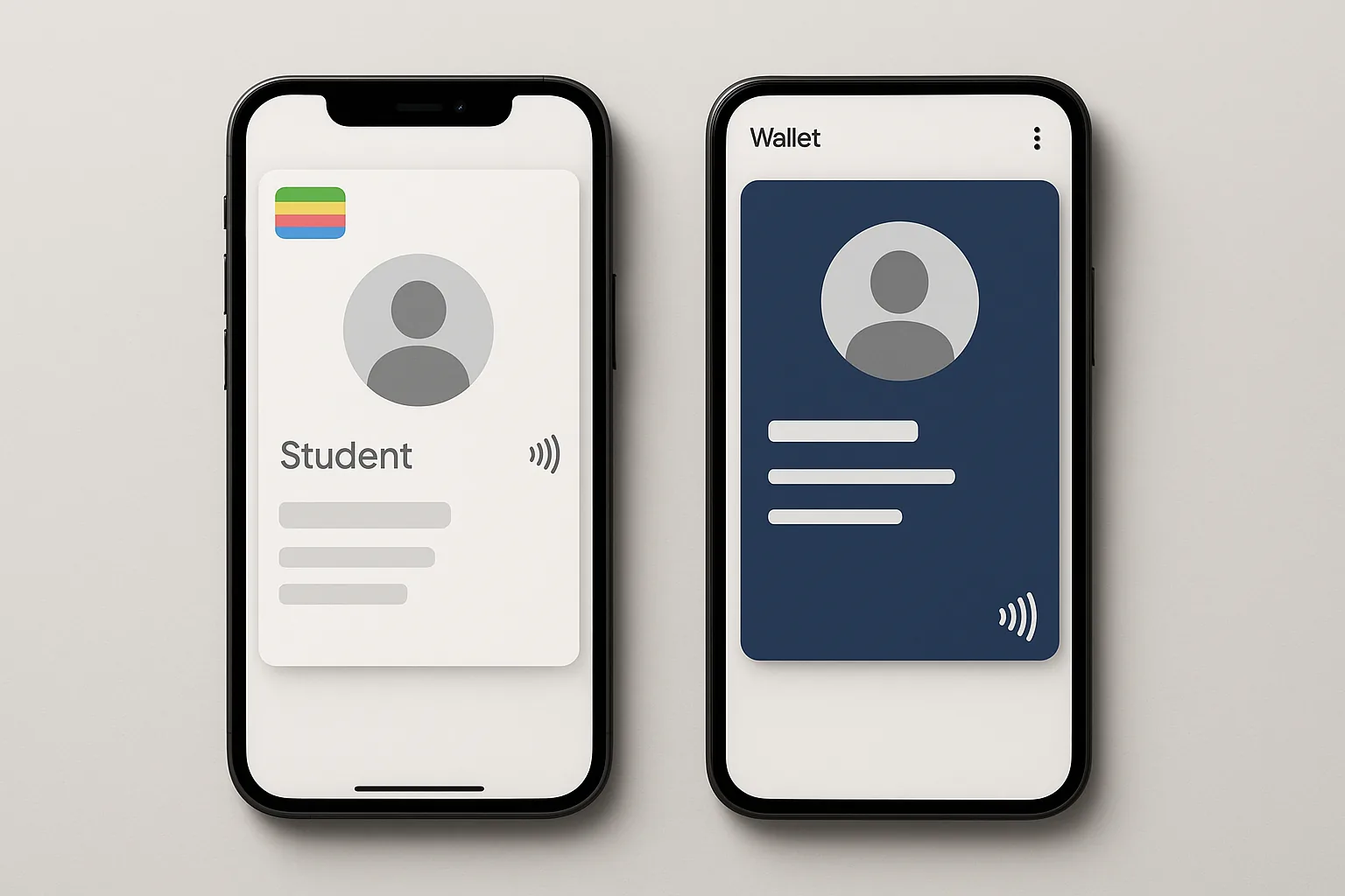 Two smartphones displaying student ID passes in Apple Wallet and Google Wallet side by side