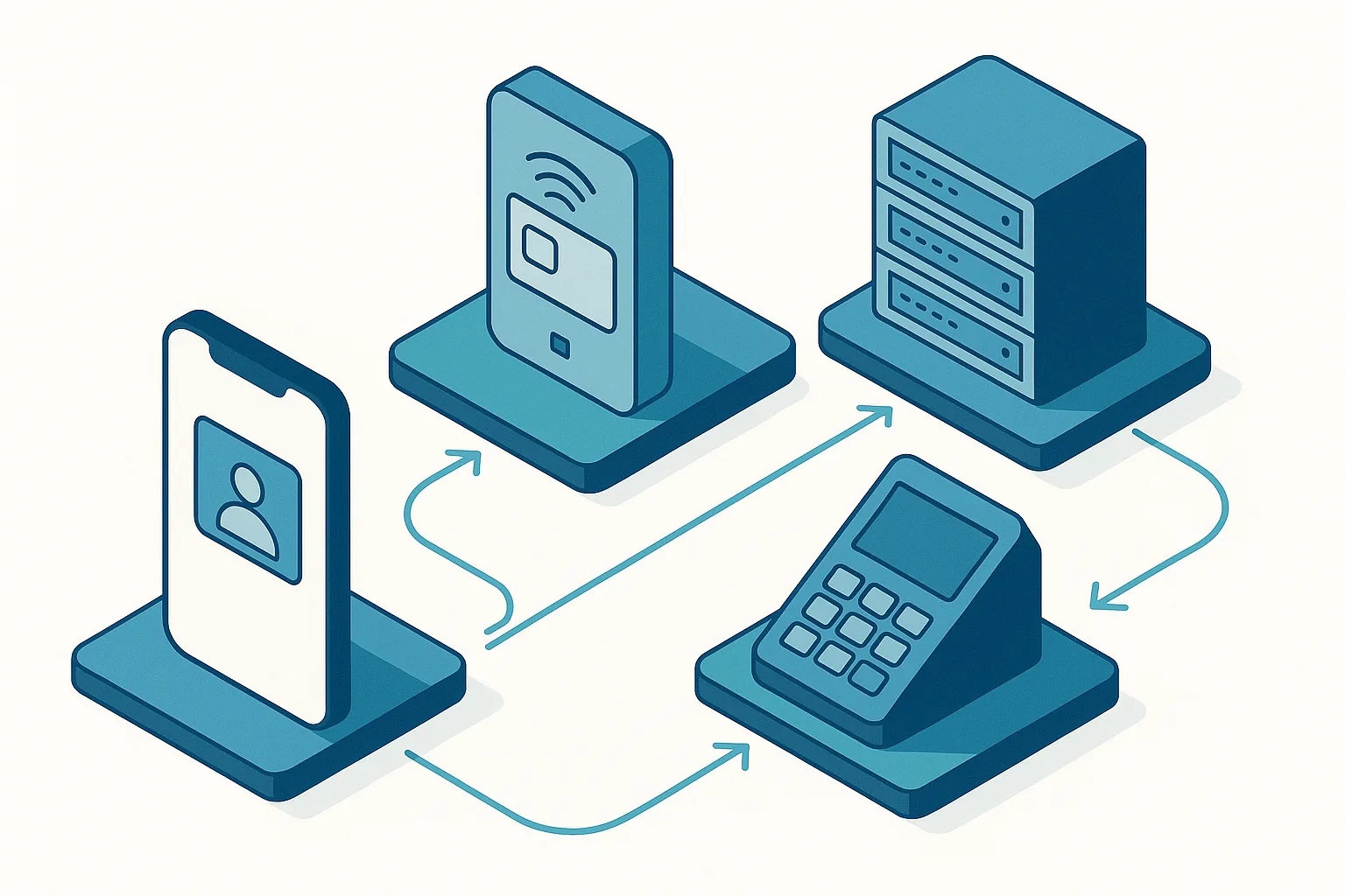 Isometric diagram showing the layered architecture connecting a phone, NFC reader, campus systems, and backend