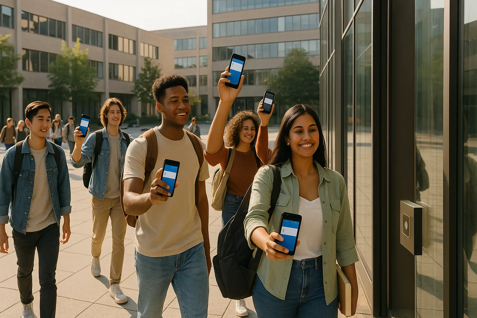 College students approaching a campus building entrance with smartphones ready to tap
