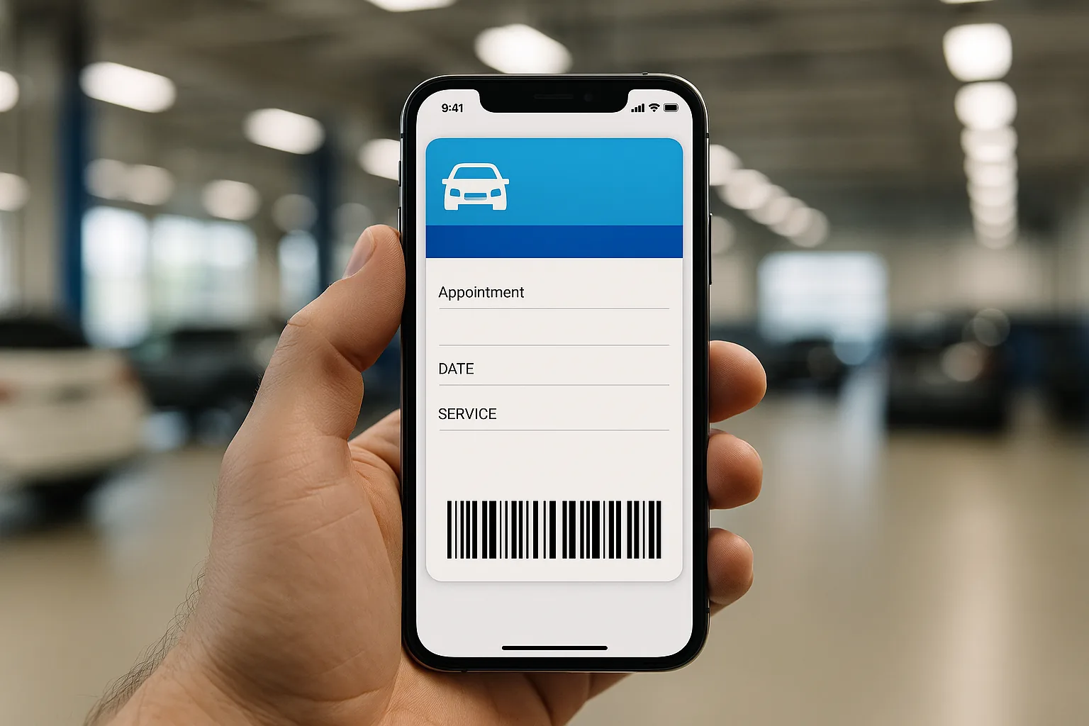 iPhone displaying an Apple Wallet pass for a dealership service appointment, showing appointment details and a check-in barcode, with a dealership service bay in the background