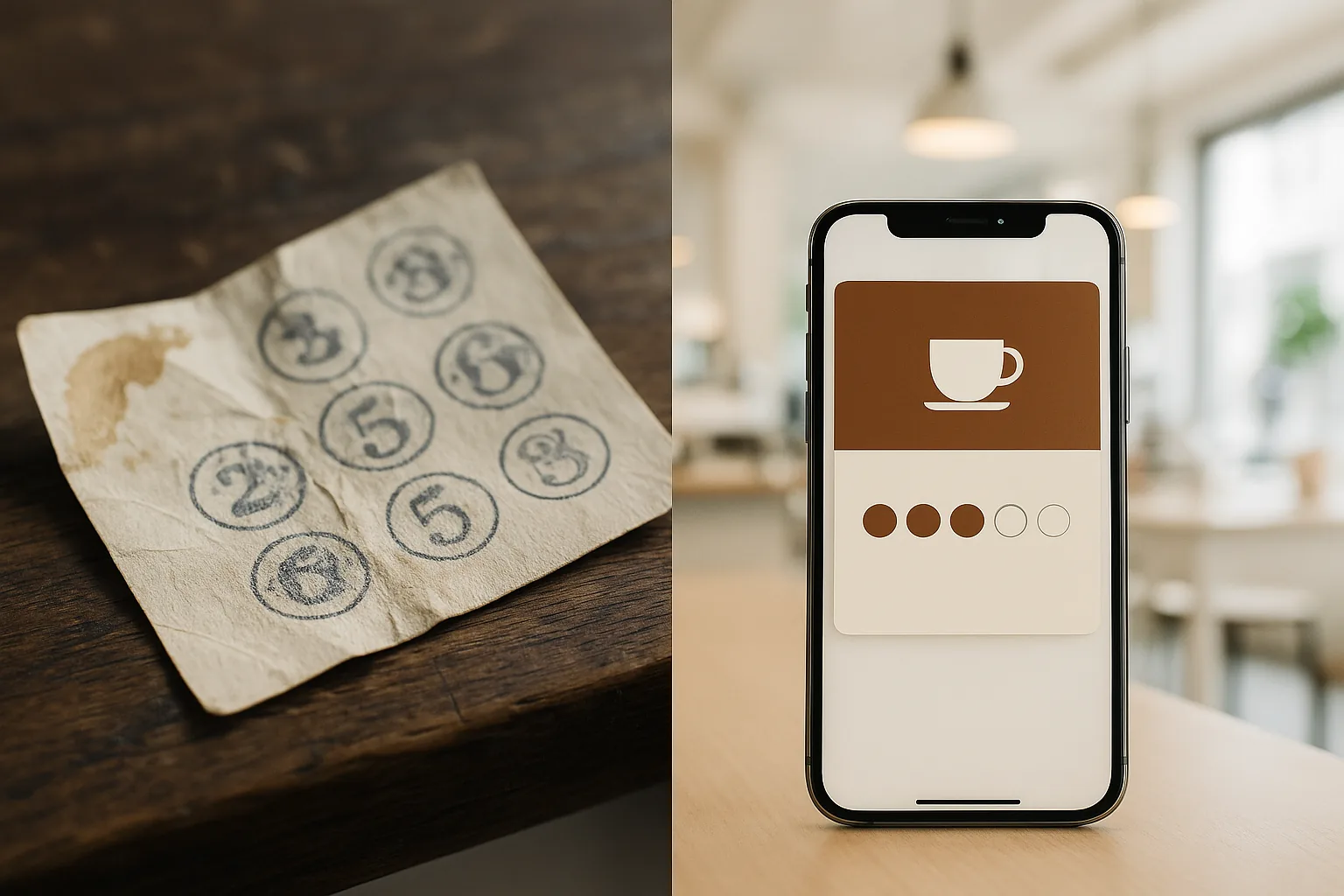 Side-by-side comparison of a crumpled paper stamp card on a café counter versus a sleek digital coffee shop loyalty pass displayed in Apple Wallet on an iPhone