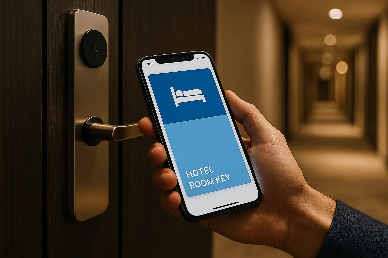 Guest tapping their iPhone with a digital wallet room key pass against an NFC-enabled smart lock on a modern hotel room door