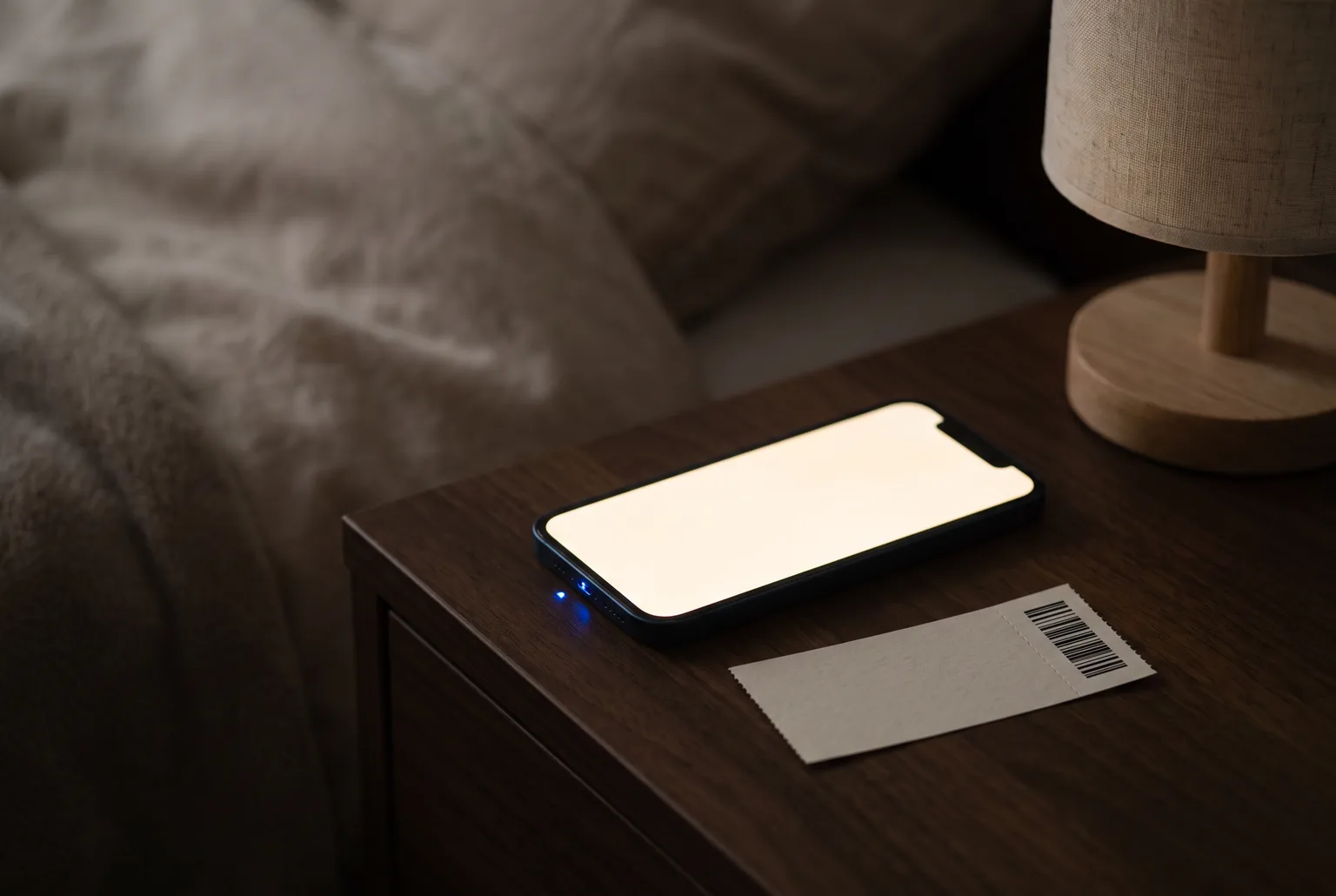 A phone glowing on a nightstand at night next to a blank ticket stub, representing the silent APNs wake-up push that tells Wallet to fetch an update