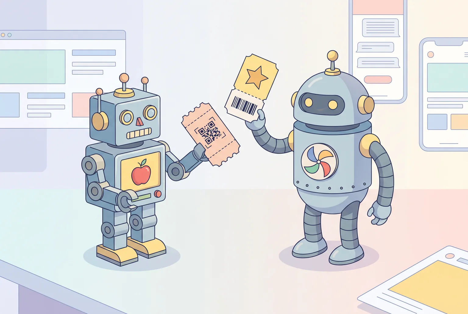 Two toy robots, one badged with an apple and one with a colorful pinwheel, each holding a differently shaped ticket to represent building the same pass twice for two separate wallets