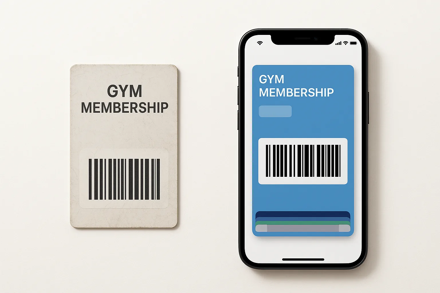 Side-by-side comparison of a traditional plastic gym membership card and a digital wallet pass displayed on a smartphone in Apple Wallet