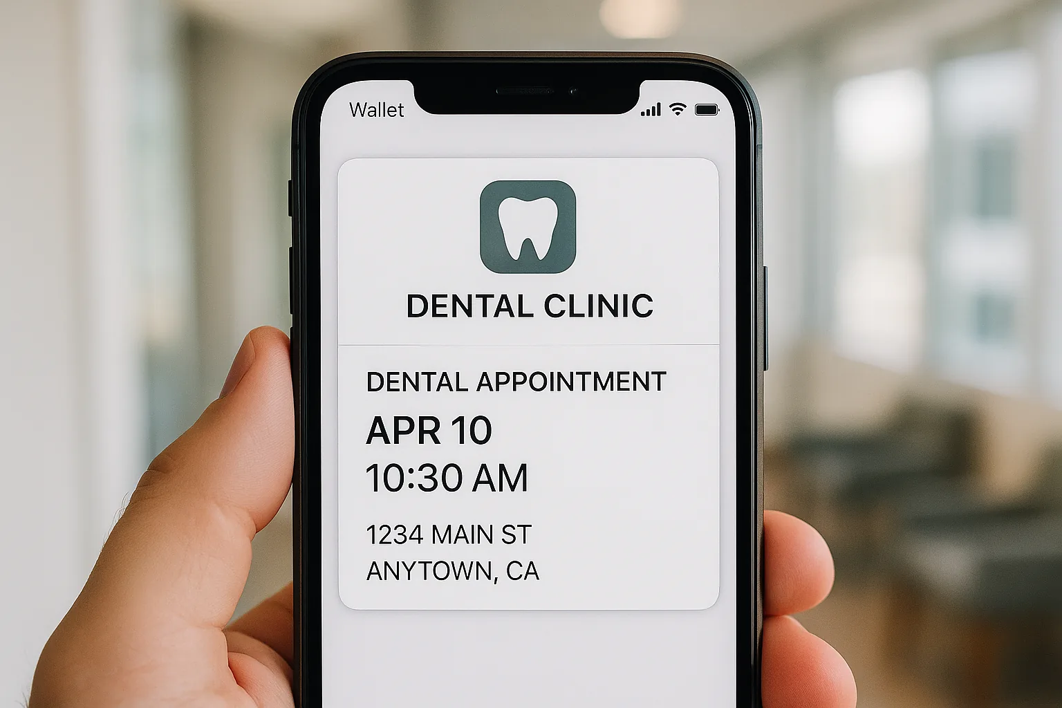 An iPhone displaying a dental appointment pass in Apple Wallet, showing appointment details like date, time, and clinic location on the pass face