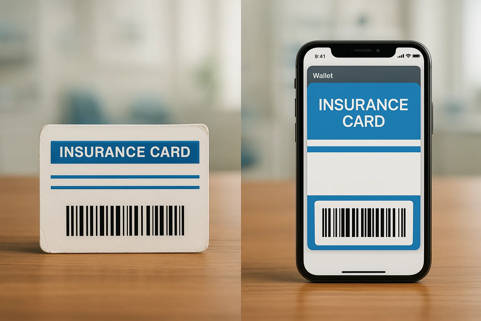 Side-by-side comparison of a traditional paper insurance card and a digital insurance card displayed in Apple Wallet on an iPhone