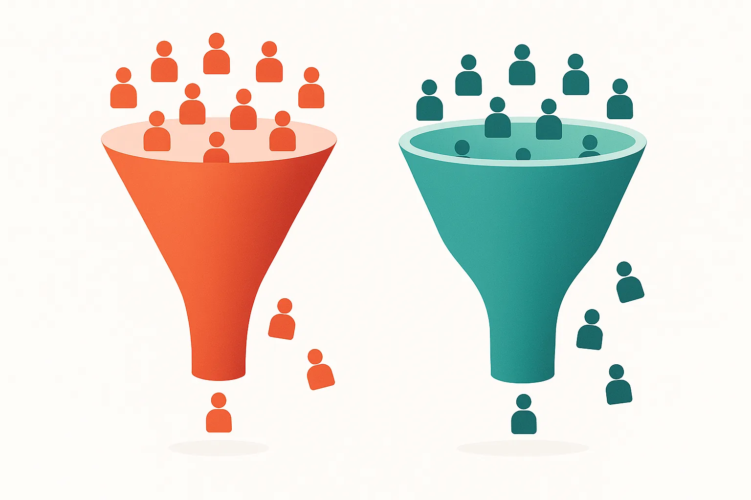 Side-by-side comparison of two user retention funnels: a narrow, steeply declining funnel representing app user churn versus a wide, gradually tapering funnel representing wallet pass retention