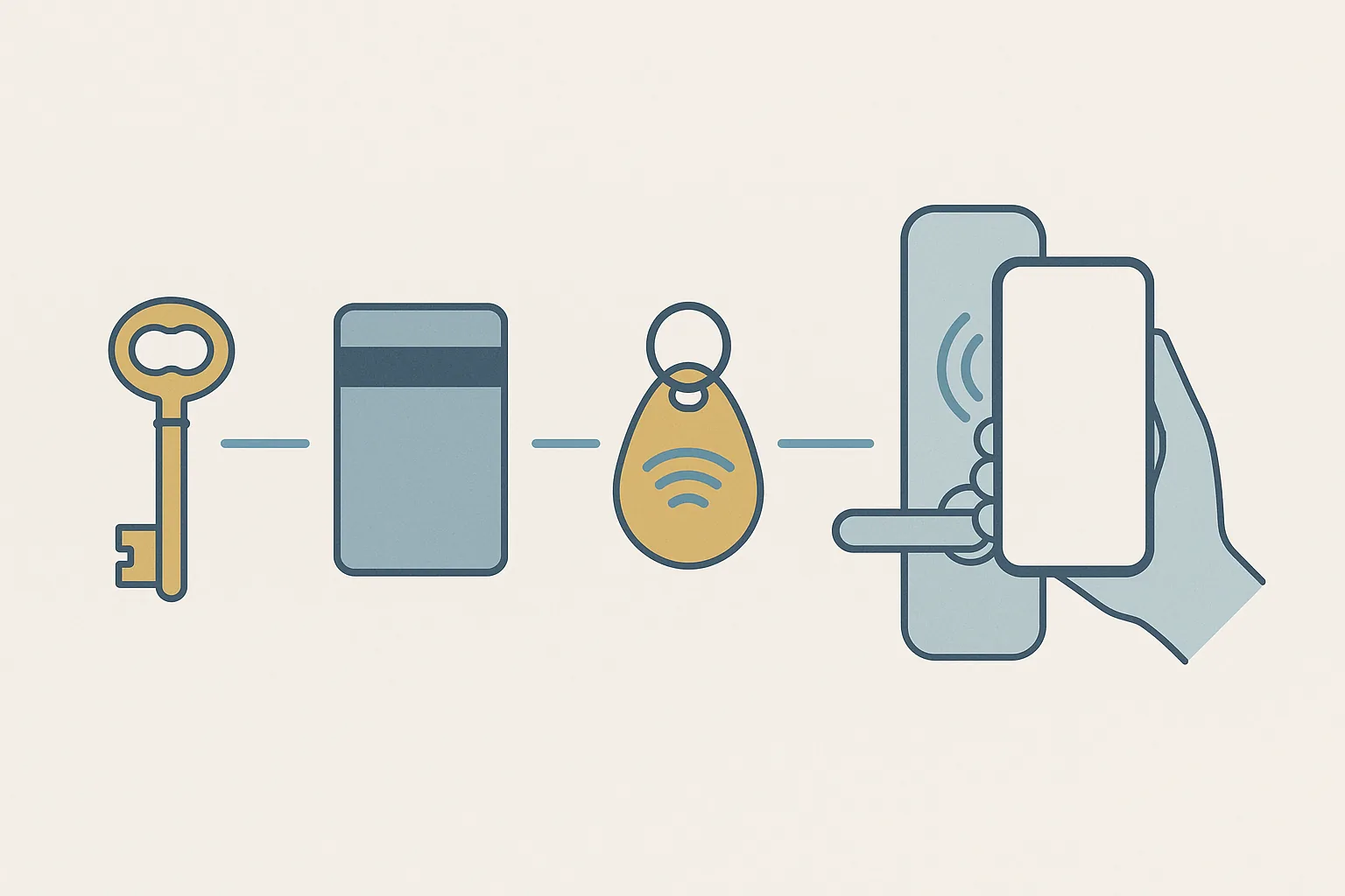 Illustration showing the evolution of hotel room access from metal key to smartphone tap