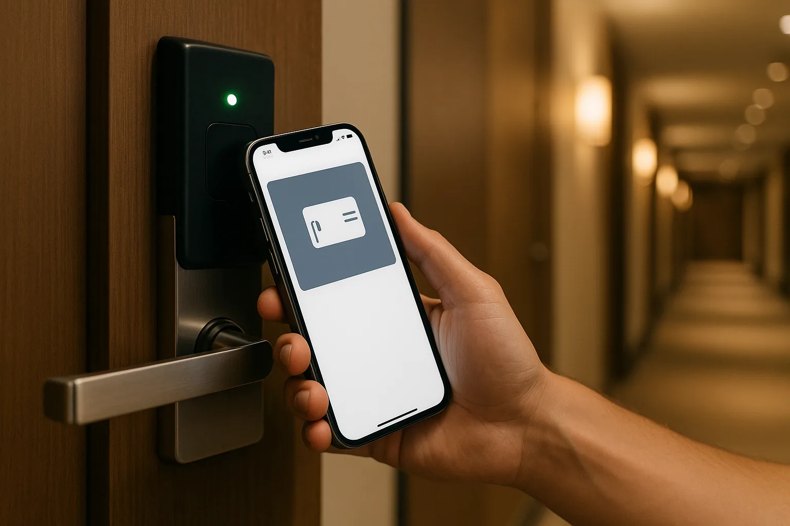 Guest tapping an iPhone wallet pass against a modern NFC hotel door lock