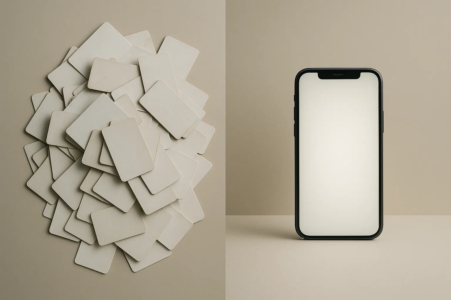 Comparison of a pile of plastic key cards versus a single smartphone representing wallet passes