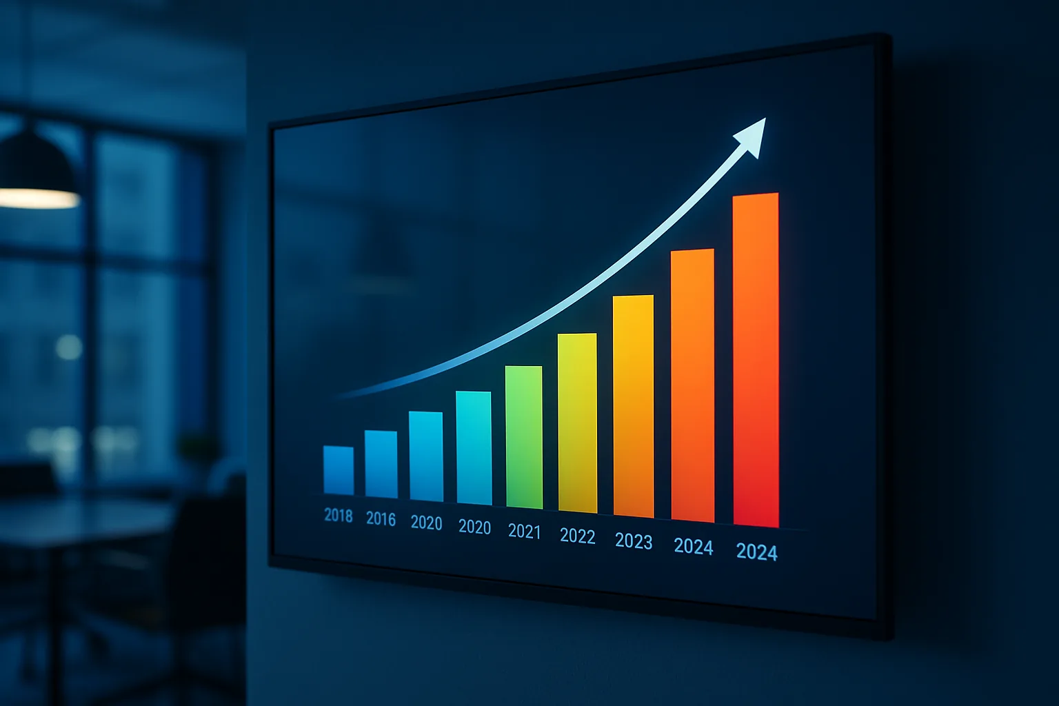 A digital screen displaying a bar chart showing the upward growth trend of hotel digital key adoption from 2018 to 2024