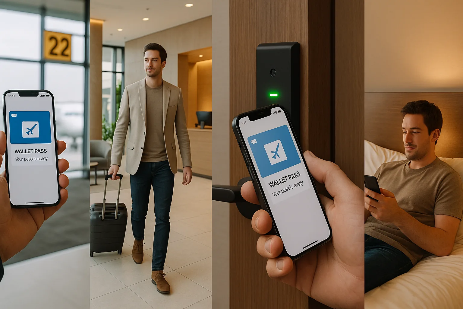 A four-panel lifestyle image showing the hotel guest journey from receiving a wallet pass at the airport to tapping into their room and relaxing during their stay