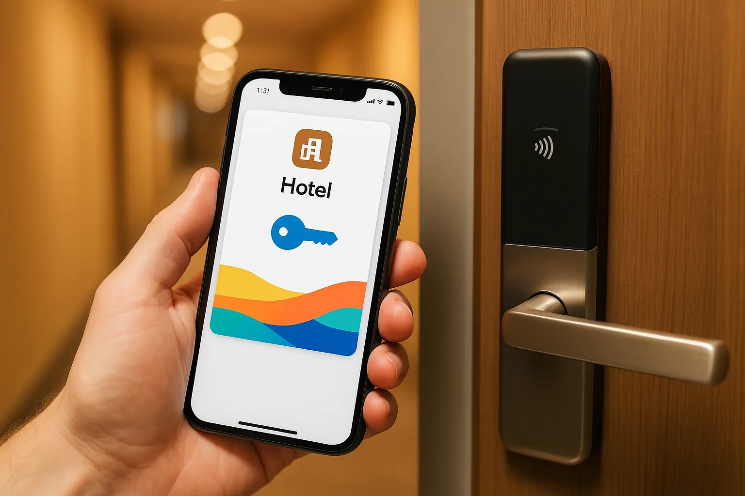 A close-up of a hand holding an iPhone with a hotel wallet pass displayed, positioned near an NFC-enabled hotel room door lock in a modern hallway