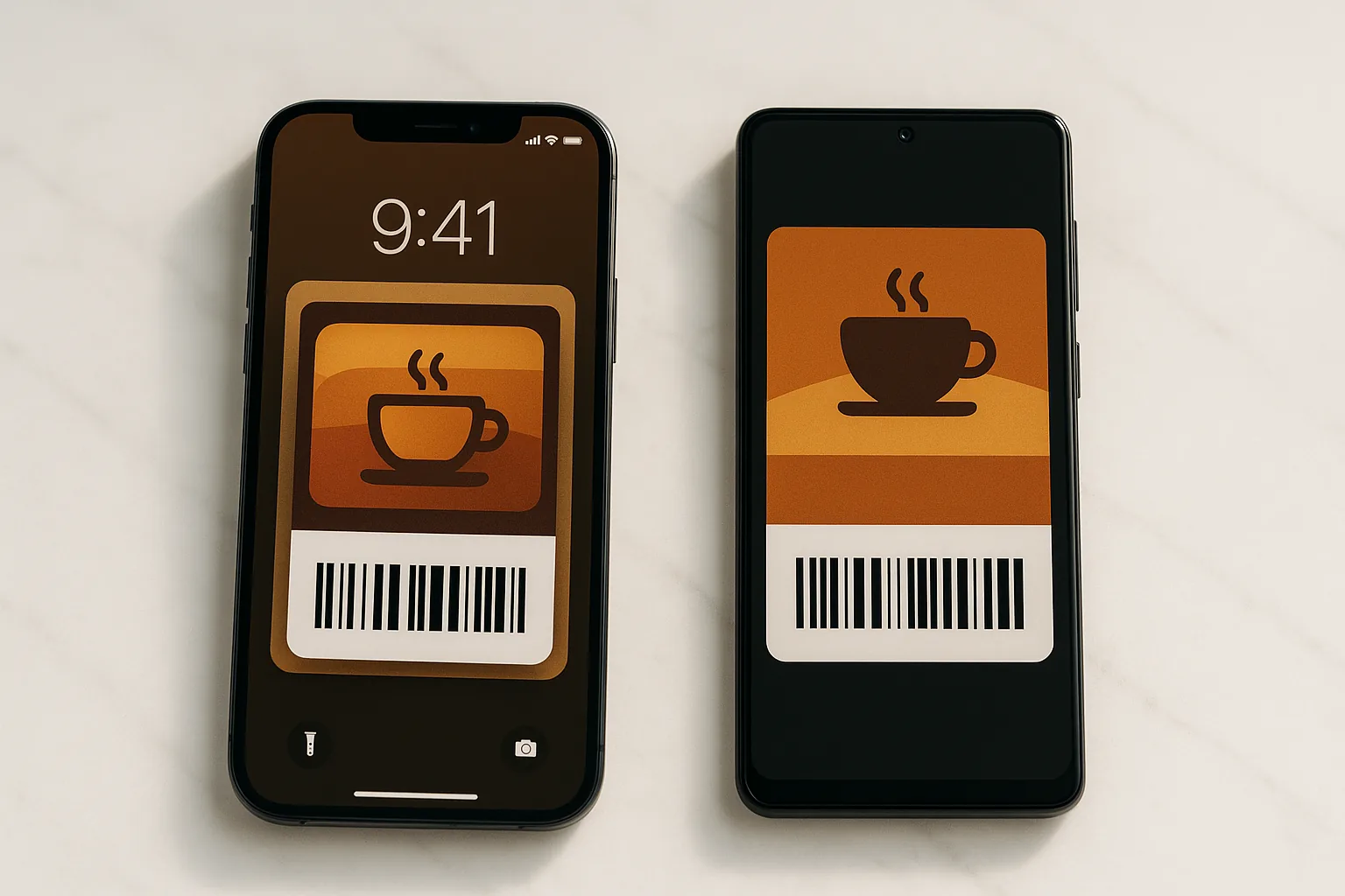 Side-by-side view of Apple Wallet and Google Wallet loyalty passes displayed on iPhone and Android phone lock screens