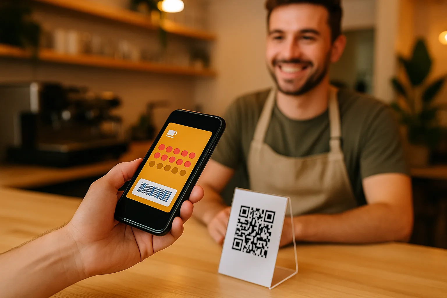 Customer scanning a QR code at a coffee shop counter to add a digital wallet loyalty pass to their phone