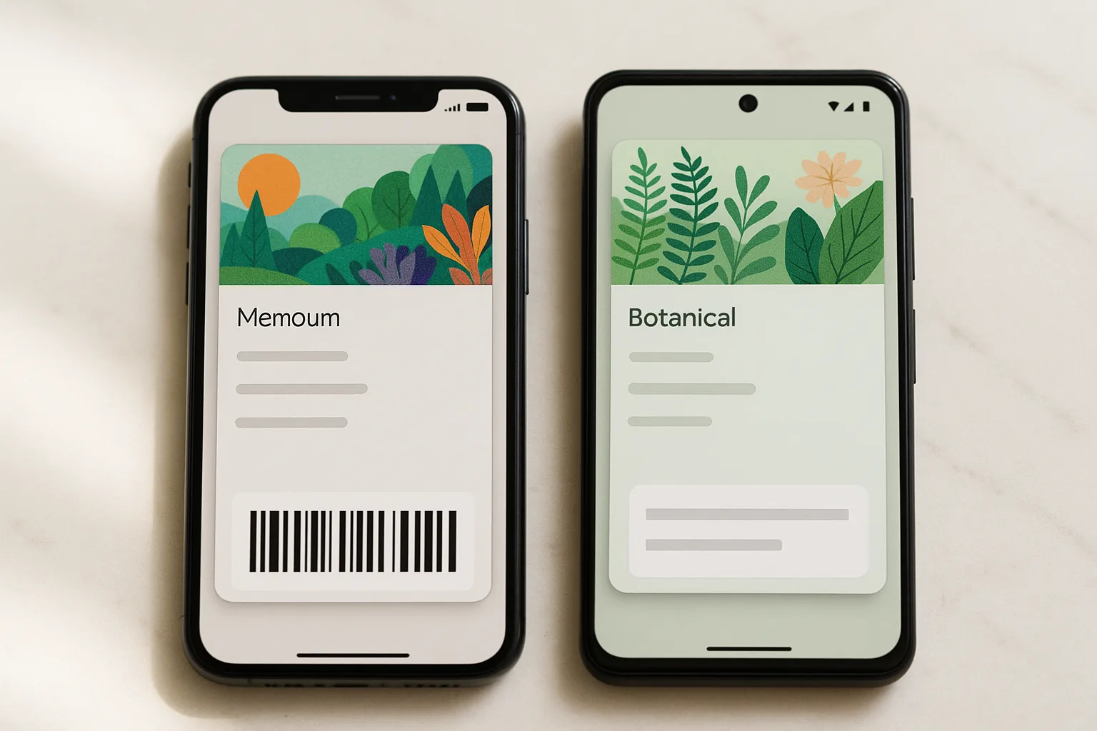 Two smartphones displaying museum membership wallet passes in Apple Wallet and Google Wallet, showing membership card layouts with colorful header images and barcodes