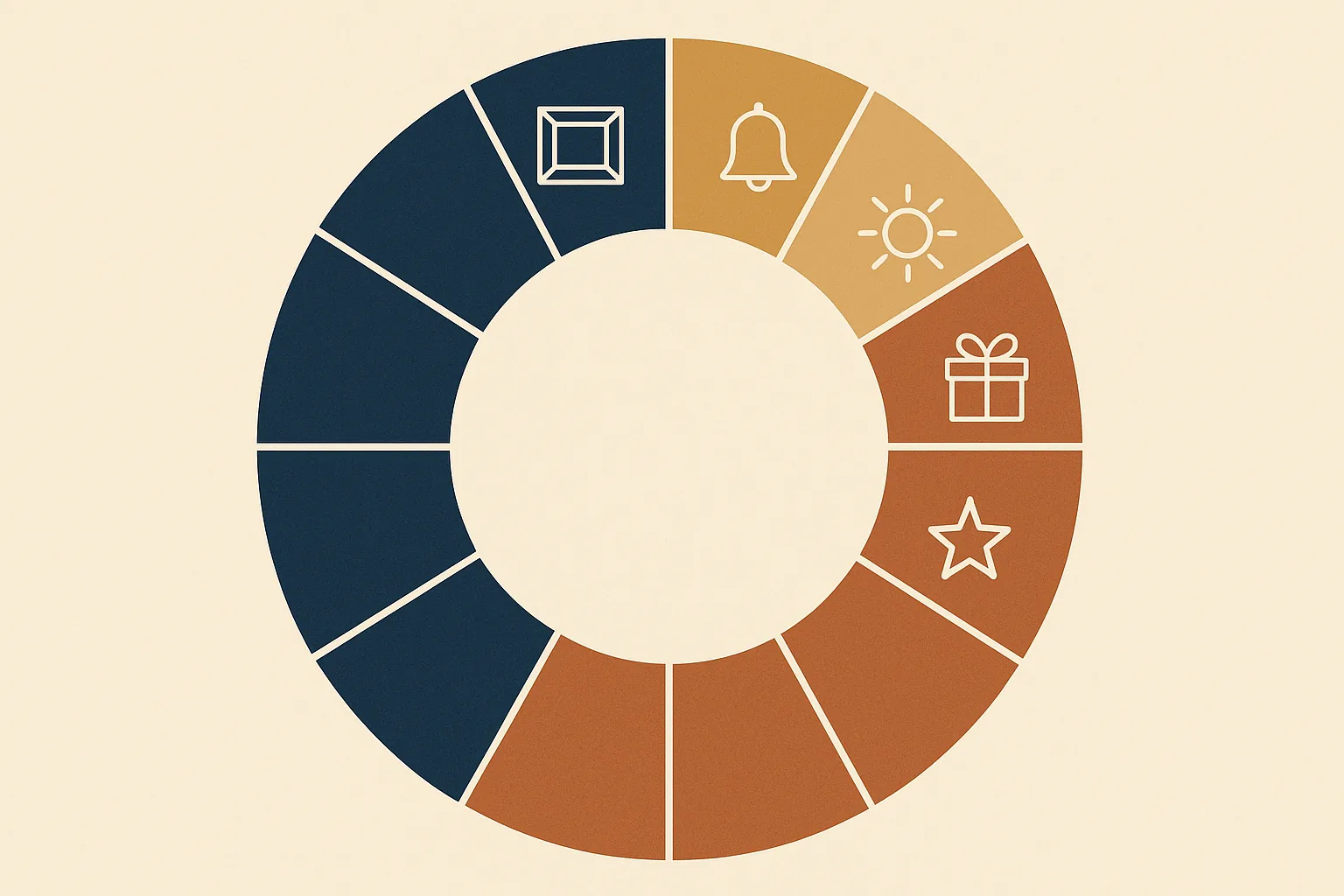 A circular 12-month calendar wheel illustration showing a museum's annual wallet pass update strategy with colorful icons representing exhibits, reminders, events, and seasonal promotions