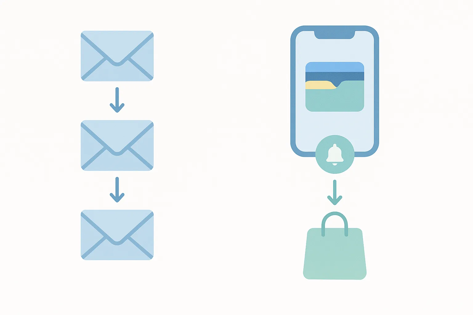 Flowchart comparing a traditional three-step email re-engagement drip campaign to a streamlined wallet pass notification flow with fewer steps and higher conversion
