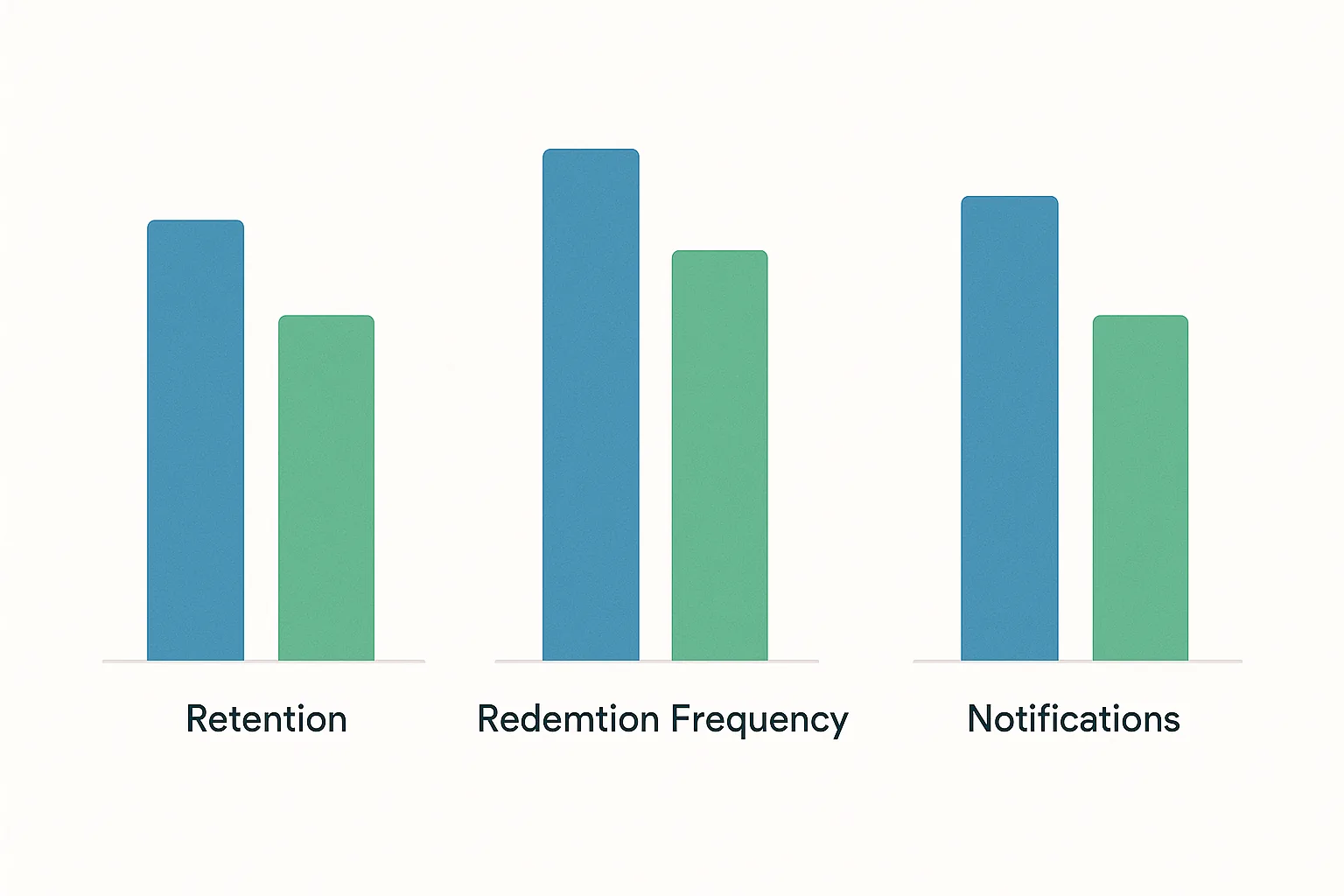 Bar chart comparing retention, redemption frequency, and notification open rates between QR-app and wallet pass loyalty programs