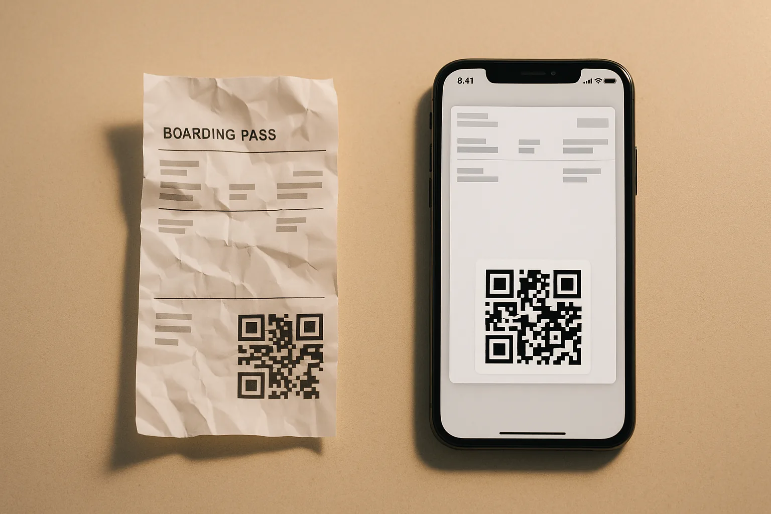 Side-by-side comparison of a traditional thermal paper boarding pass and a modern Apple Wallet boarding pass displayed on an iPhone, showing the visual equivalence of information fields for gate agent verification