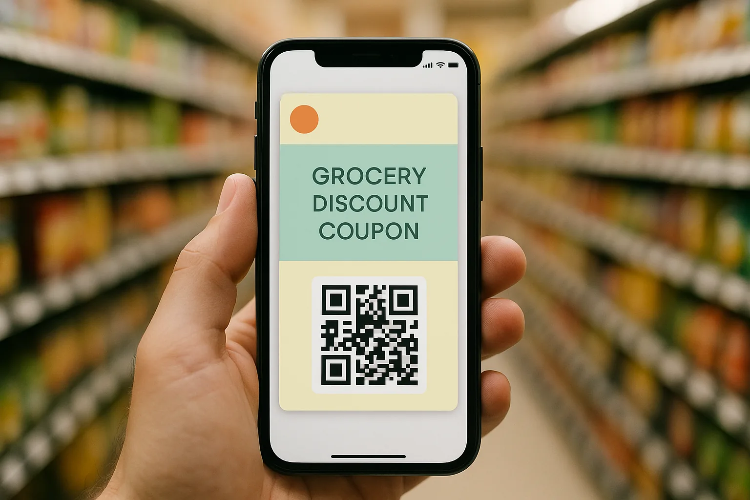 A smartphone showing a clean grocery coupon pass in a wallet app, held up inside a store aisle
