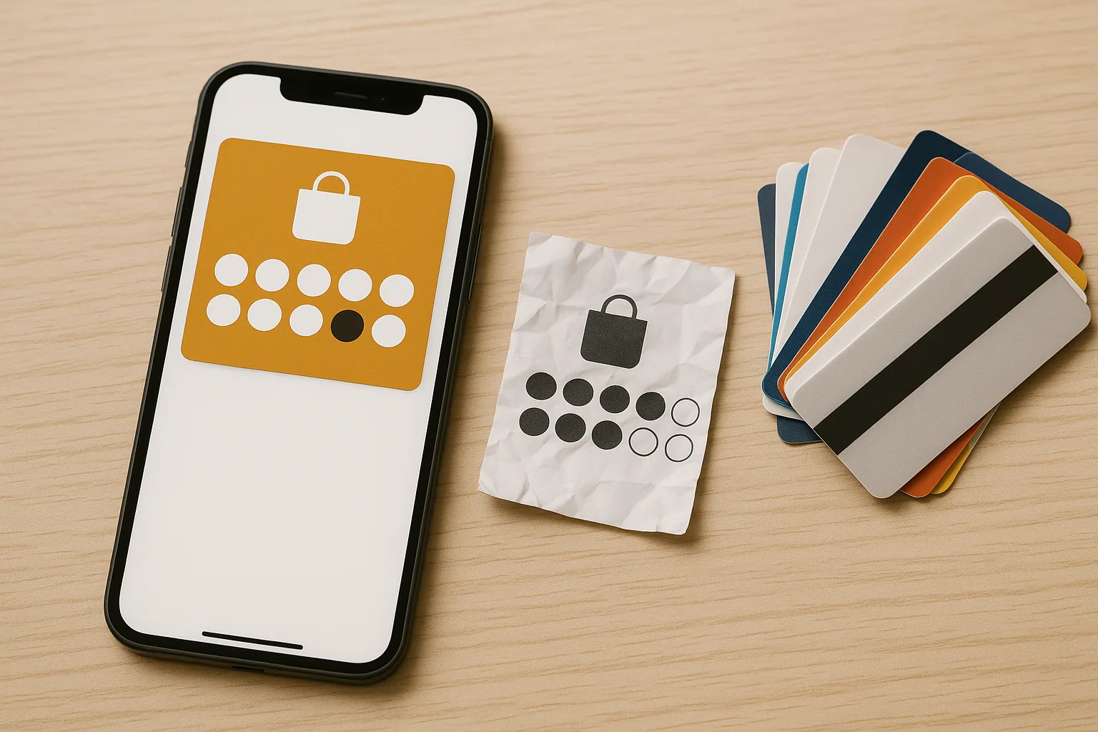 A smartphone displaying a digital wallet loyalty pass next to crumpled paper and plastic loyalty cards, illustrating the contrast between digital and physical retention tools