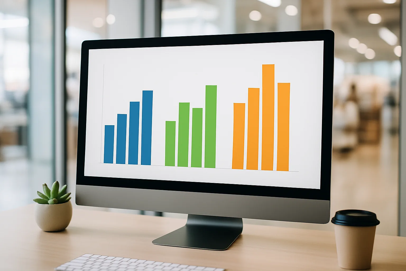 A desktop monitor displaying a bar chart comparing performance metrics across three retail marketing channels in a modern office setting