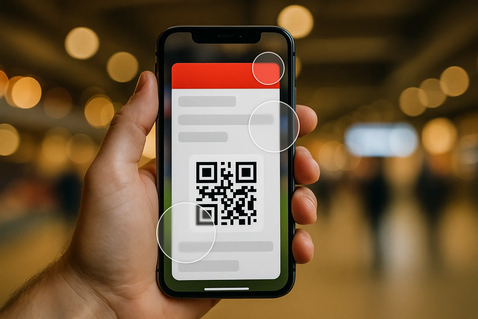 Close-up of a smartphone showing a sports wallet pass with highlighted dynamic fields in a stadium concourse