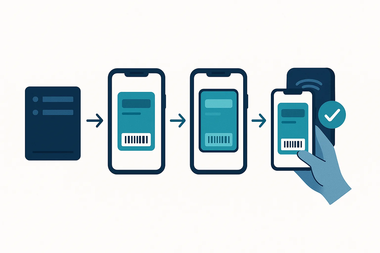 Diagram illustrating the lifecycle of a dynamic wallet pass from issuance through transfer invalidation to gate scanning, showing the server-connected trust model